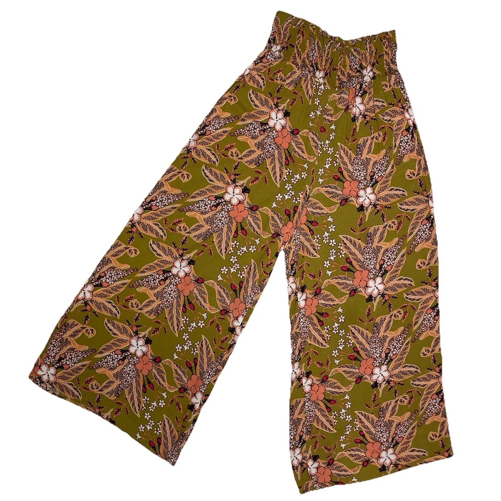 Women's Wide Leg Palazzo Flowy Pants Boho Size L Olive Green Floral Tropical - Picture 2 of 14